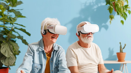 Elderly couple enjoying virtual reality with VR headsets, highlighting the fun and immersive experience of modern technology.