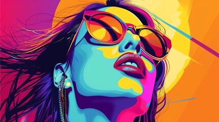 Naklejka premium A vector illustration of a woman with sunglasses and a smiling face in a background design, featuring elements of art and fashion.