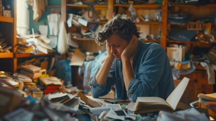 Overwhelmed Man in Messy Room Holding Head in Hands, Mental Health and Stress Concept