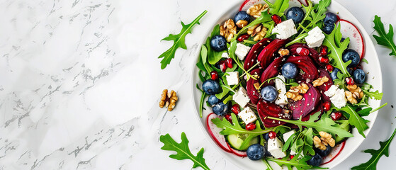 Delicious salad with sweet beets, blueberries, feta cheese, arugula and walnuts, with empty copy Space, light marble table background, top view