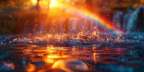 Sunlight refracts through cascading water droplets, forming a rainbow explosion of color