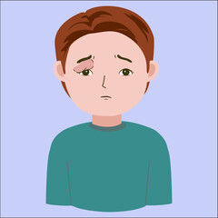 Vector illustration of young man having allergyc reaction, swollen eye, good for showing sick symptoms, isolated on blue background