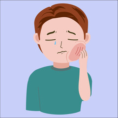 Vector illustration of young man tootache, swollen tooth, cheek, good for showing sick symptoms, isolated on blue background 