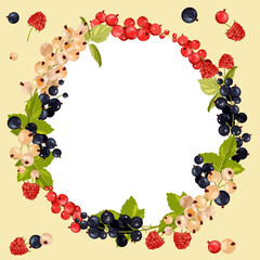 Raspberries and red, white, blackcurrants round frame, wreath isolated on a white background. Design for packaging, menus, wrappers, invitations.