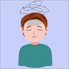 Vector illustration of young man Dizzy, stressed, gabung a lot of problem, good for showing influenza sick symptoms, isolated on blue background