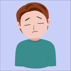 Vector illustration of young man feeling unwell, limp, sick, depressed, isolated on blue background 