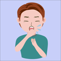 Vector illustration of young man cough, good for showing influenza sick symptoms, isolated on blue background