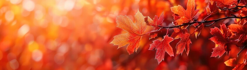 Red maple leaves in focus, botanical background close up, autumn splendor, vibrant, overlay, woodland path, copy space for text