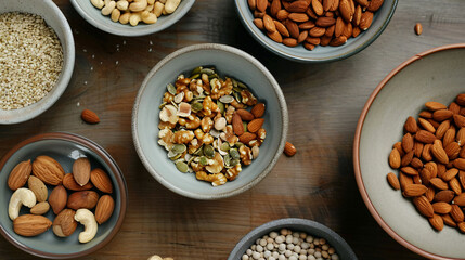 Assorted nuts and seeds in small bowls