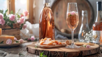 Elegant setting with rose wine, cheese, and flowers, perfect for a romantic or celebratory occasion. Natural light enhances the ambiance.