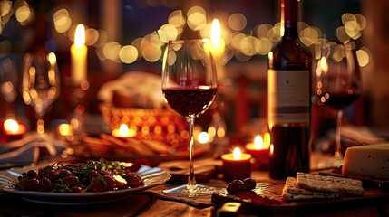 Elegant dinner setup with wine, candles, and gourmet dishes creating a cozy and intimate dining atmosphere.