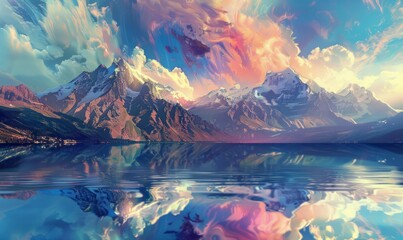 Obraz premium Surreal mountain range with floating peaks, rivers flowing upwards, and a sky of swirling colors