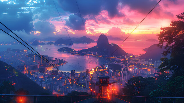 Aerial view of city at sunset with cable car in motion.