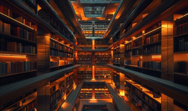 Surreal library labyrinth, shelves stretch into infinity. Illuminated books beckon with untold knowledge, the air thick with the scent of mysteries
