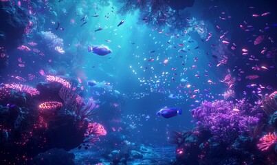 Fototapeta premium Surreal underwater scene with luminescent sea creatures and floating coral reefs, capturing a fantastical world