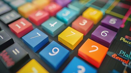 Close-up of a colorful keyboard with numbers. The keys are square and bright, creating a playful and modern feel.