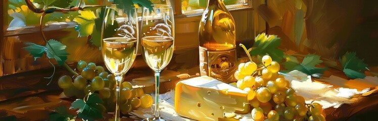 Obraz premium Farmhouse setting with cheese and wine, rustic table, detailed illustration, natural light, high resolution, vintage style