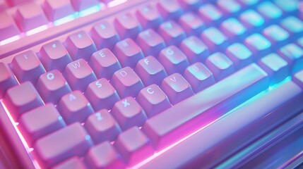 Close-up of a white keyboard illuminated with pink and blue lights.