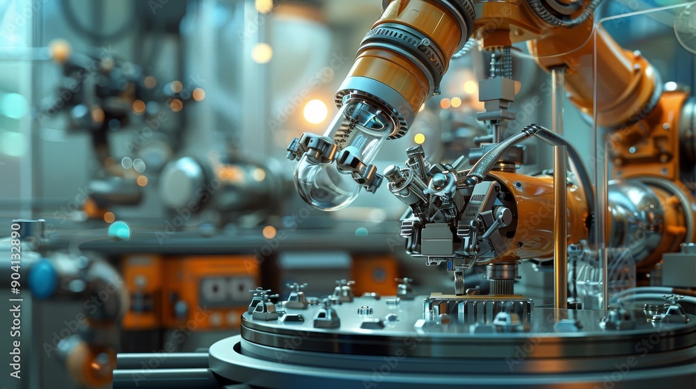Poster close-up of robotic arm in a modern factory setting, showcasing advanced automation and manufacturin