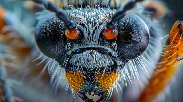 Close-up of an insect's face, showcasing its intricate details and mesmerizing eyes.  The macro shot captures the texture and patterns of the insect's body.