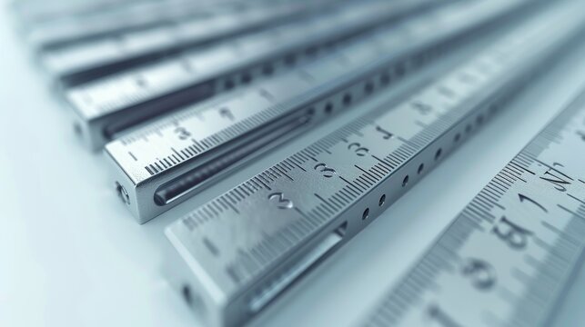 Close-up of multiple silver metal rulers arranged in a fan shape, showing measurement markings.
