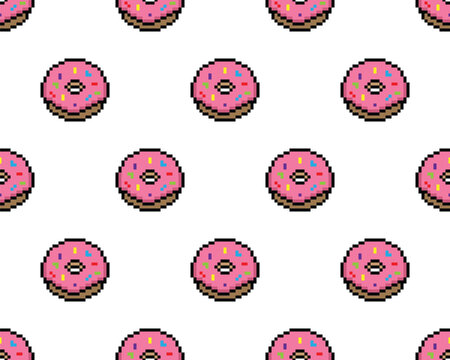 pixel donut background Seamless donuts pixelized texture pattern vector
