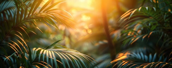 Sunset illuminating exotic palm leaves, botanical background close up, dusk scene, ethereal, composite, coastal path, copy space for text