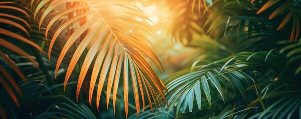 Obraz premium Sunset illuminating exotic palm leaves, botanical background close up, dusk scene, ethereal, composite, coastal path, copy space for text