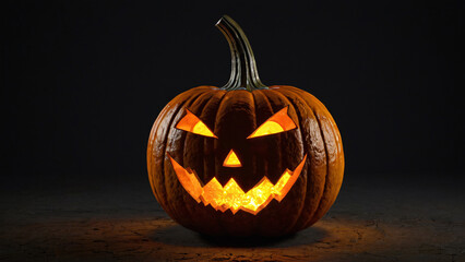 Fototapeta premium Spooky Glowing Jack-O'-Lantern Pumpkin with Carved Face for Halloween Night Decoration
