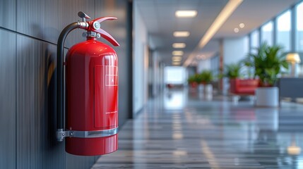 Red Fire Extinguisher in Modern Corridor with copy space