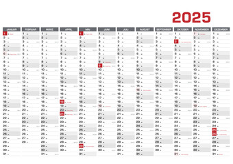 Jahresplaner DIN A1 f&uuml;r 2025 mit KW und Feiertagen