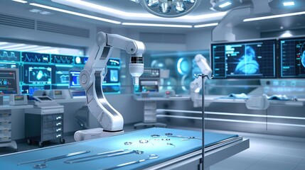 A modern operating room setup with robotic surgical arms and advanced digital displays providing real-time information.