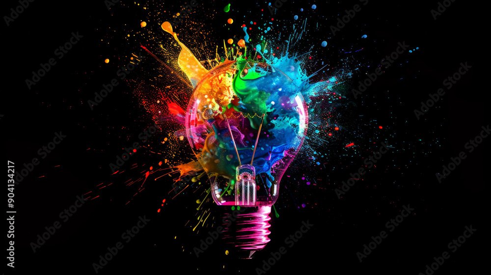 Wall mural Creative light bulb explodes with colorful paint and splashes on a black background. Think differently creative idea concept, AI Generative