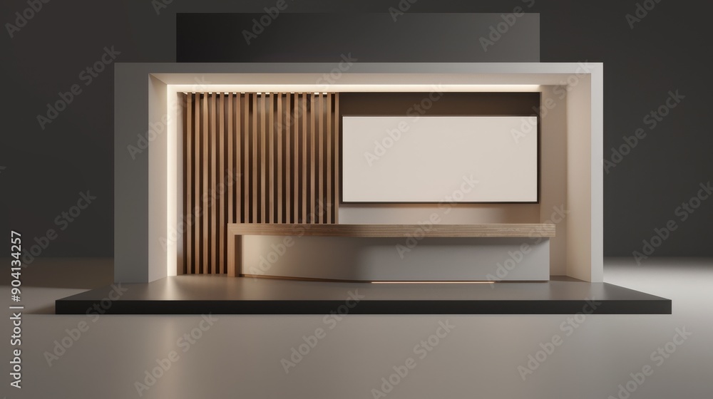 Poster minimalist modern design with wooden panel and empty display screen. perfect for presentation or pro