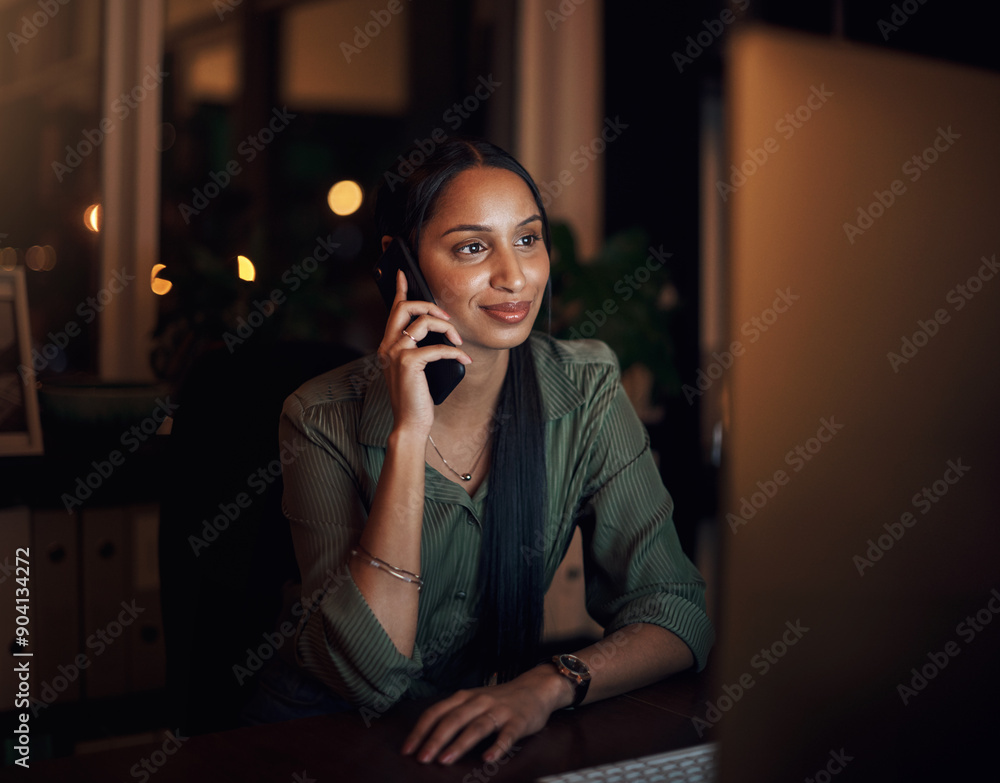 Poster Phone call, woman and business at night with computer for networking and feedback at desk. Consultant, connection and technology in office or happy for conversation, email and review for research