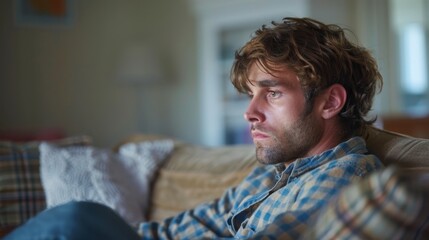 Obraz premium Disconnected: Man Sitting on Couch with Vacant Stare Symbolizing Mental Health Struggles