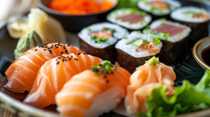 Assorted sushi and sashimi on a platter