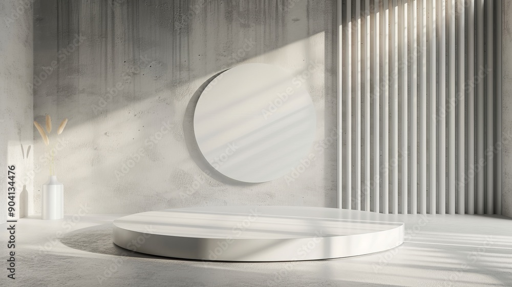 Poster minimalist white platform with sunlight and shadow patterns. modern product display backdrop.