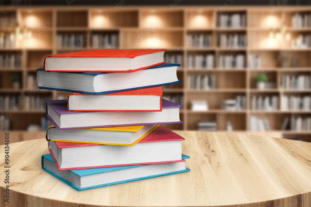 Wall mural stack of reading books at library background