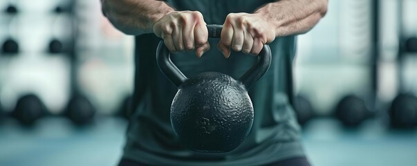 Overweight man doing kettlebell swings, strength and cardio, dynamic workout