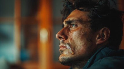 Obraz premium Portrait of a Man in Emotional Turmoil with a Single Tear, Symbolizing Mental Health Struggles