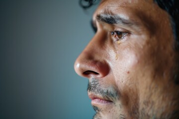 Obraz premium Silent Suffering - Profile of a Man with a Tear, Symbolizing Mental Health and Emotional Distress