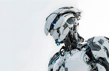Half-Length Portrait of a Robot with Blue Eyes and Glowing Blue Torso  White Background.