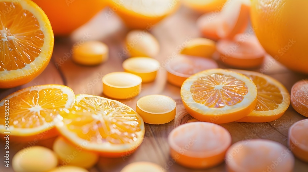 Poster close-up of sliced fresh oranges on textured background