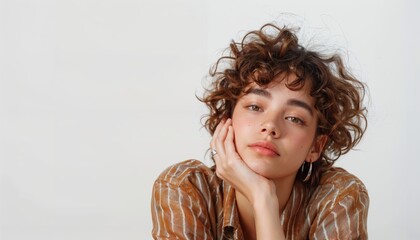 Medium shot of a person appearing bored, chin resting on hand, isolated white background