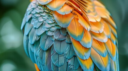 Obraz premium Macro shot of a bird's vibrant feathers showcasing intricate patterns, bird feathers, color and texture