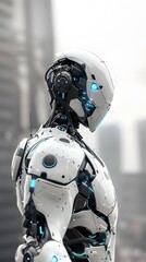 Fototapeta premium Half-Length Portrait of a Robot with Blue Eyes and Glowing Blue Torso.