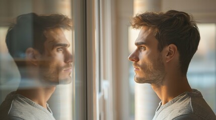 Contemplative man with self-doubt staring at reflection in mirror, pondering mental health concerns