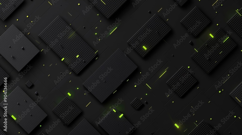 Poster dark geometric background with black rectangles and neon green particle effects creates a visually s