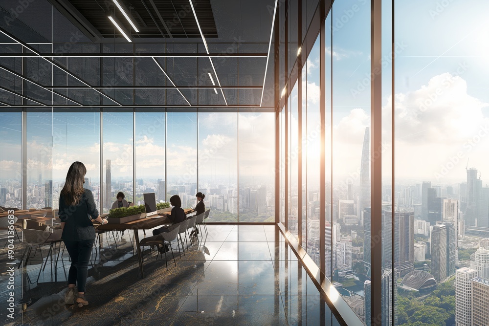 Poster this modern office space boasts a stunning panoramic view of the city skyline, providing an ideal at